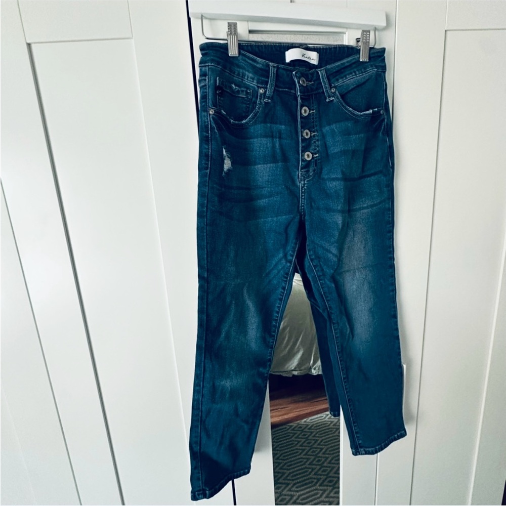 KanCan Jeans Distressed Dark Blue Wash Boyfriend Jeans with Button Fly Size 30